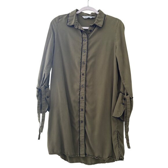 Zara Tencel Olive Button-Up Longline Shirt Dress W/ Tie Sleeve Detail S - Picture 1 of 10